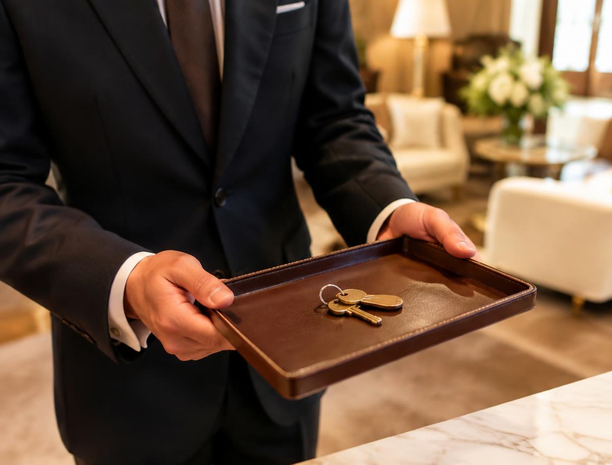 A Crown and Key host presenting keys on a leather tray