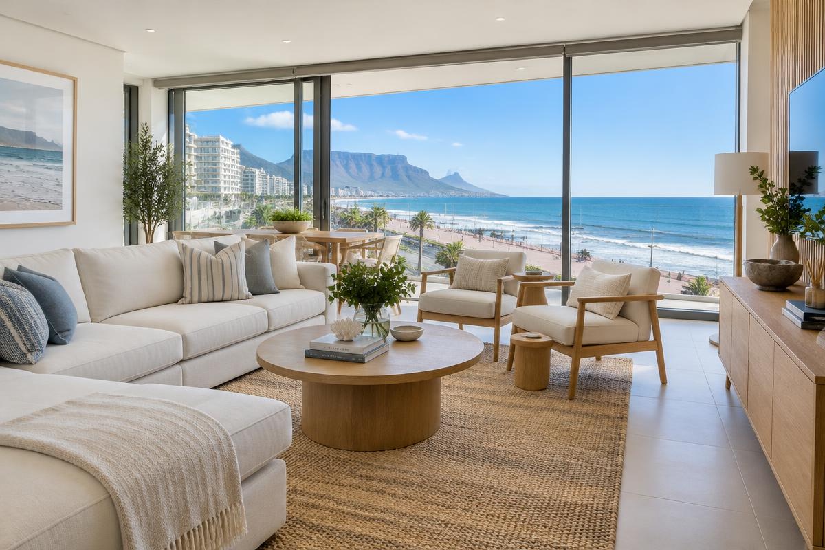 Hotel-serviced suite living room overlooking the Sea Point promenade